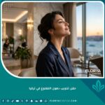 سيدة عربية تبرز فكاً محدوتاً وجميلاً بعد عملية حقن تذويب دهون اللغلوغ في إسطنبول، تركيا.