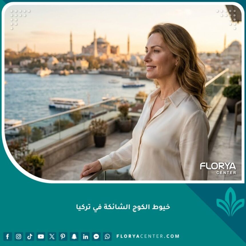امرأة ذات مظهر شاب وبشرة مشدودة بفضل خيوط الكوج في تركيا، تطل على البوسفور في إسطنبول، تبرز نتائج عملية شد الوجه غير الجراحية.