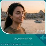 صورة سينمائية لامرأة تركية تتمتع ببشرة متألقة وناعمة في إسطنبول، تبرز نتائج خيوط المونو للنضارة وشد الرقبة.