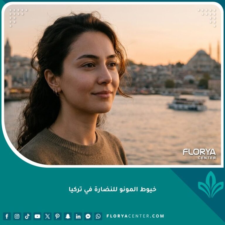 صورة سينمائية لامرأة تركية تتمتع ببشرة متألقة وناعمة في إسطنبول، تبرز نتائج خيوط المونو للنضارة وشد الرقبة.