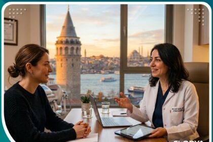 دكتورة تجميل وتضييق مهبل تركية خبيرة في عيادة حديثة في اسطنبول تطل على البوسفور، تقدم استشارة لمريضة.