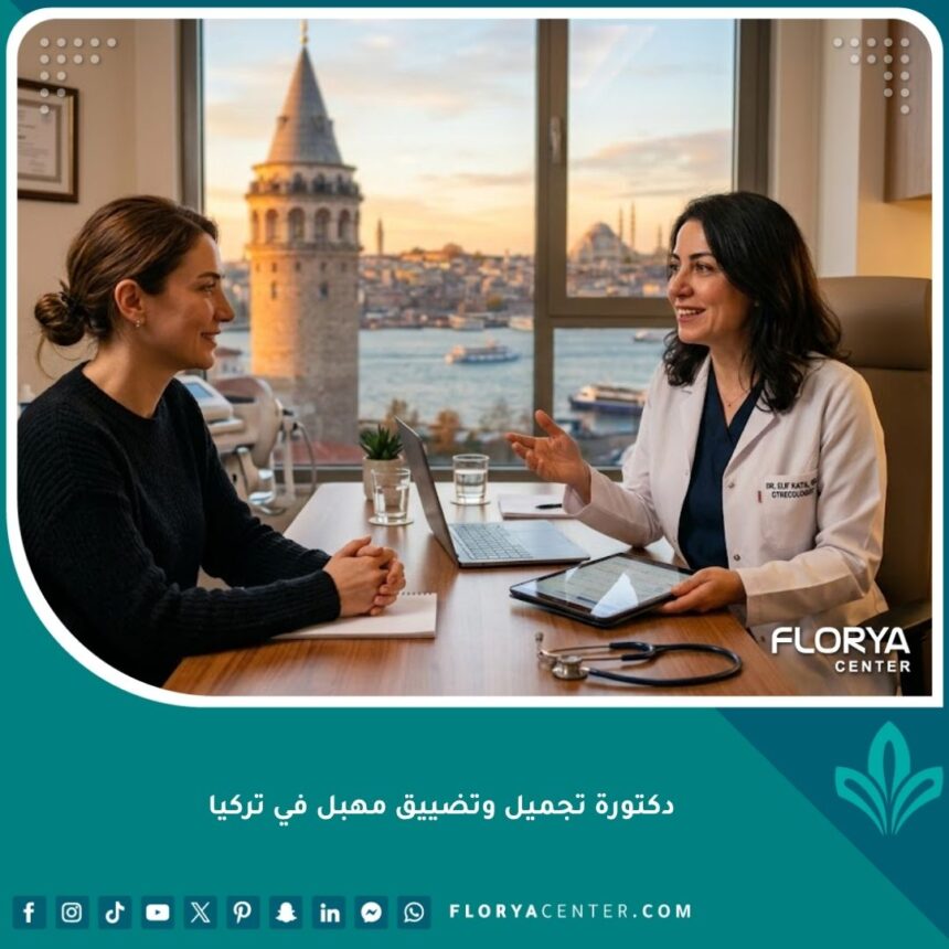 دكتورة تجميل وتضييق مهبل تركية خبيرة في عيادة حديثة في اسطنبول تطل على البوسفور، تقدم استشارة لمريضة.