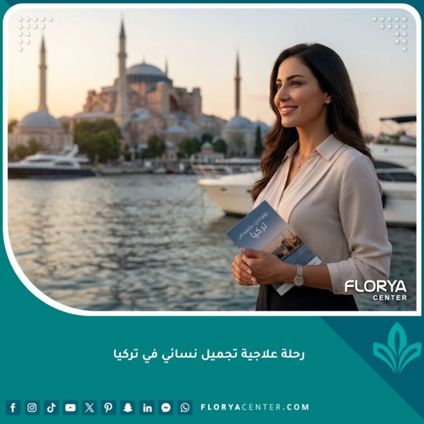 امرأة عربية أنيقة تبتسم بثقة وتنظر إلى مضيق البوسفور في إسطنبول وقت الغروب، مع خلفية آيا صوفيا ورحلة علاجية تجميلية في تركيا.