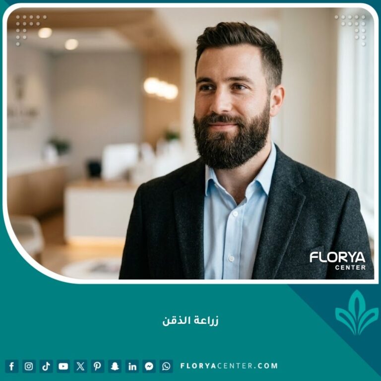 رجل واثق ذو مظهر جذاب يُظهر نتيجة زراعة الذقن الناجحة، مع لحية كثيفة وطبيعية تمامًا محددة الفك في بيئة عيادة طبية فاخرة.