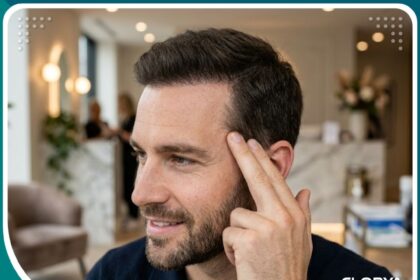واجهة مقال عن زراعة الشعر بالاقتطاف FUE تظهر رجل سعيد بنتيجة كثافة خط الشعر الأمامي بعد العملية في مركز تجميلي راقي.