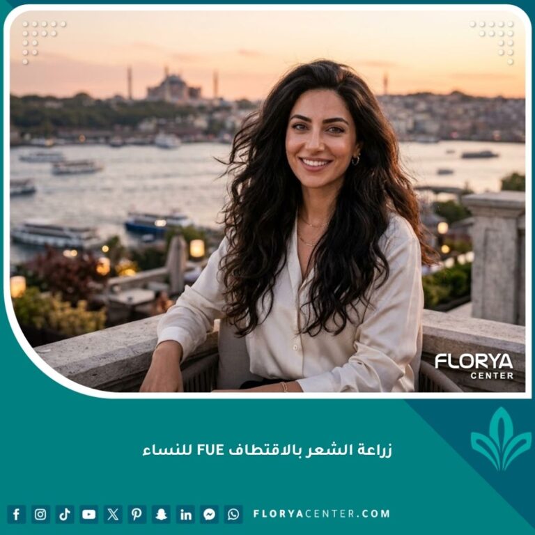 امرأة عربية ذات شعر كثيف ولامع بعد نجاح عملية زراعة الشعر FUE للنساء في اسطنبول، تبتسم بثقة بخلفية بانورامية للبوسفور.