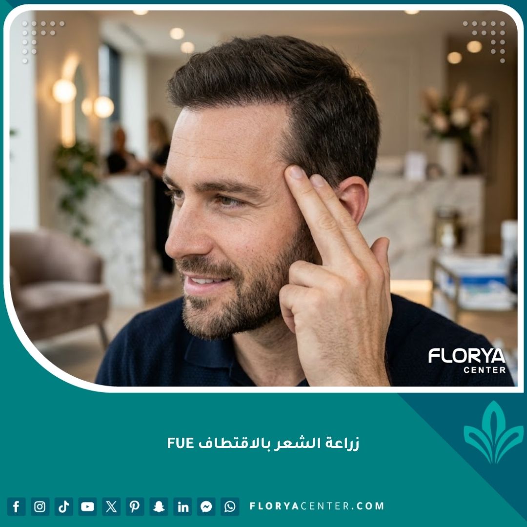 واجهة مقال عن زراعة الشعر بالاقتطاف FUE تظهر رجل سعيد بنتيجة كثافة خط الشعر الأمامي بعد العملية في مركز تجميلي راقي.