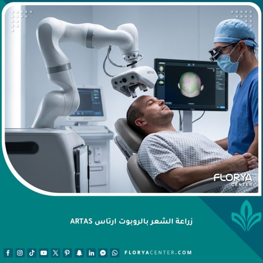 جهاز زراعة الشعر بالروبوت ارتاس (ARTAS iX) قيد التشغيل على رأس مريض في عيادة حديثة بإشراف طبيب، توضح التكنولوجيا المتقدمة في اقتطاف بصيلات الشعر بدقة.