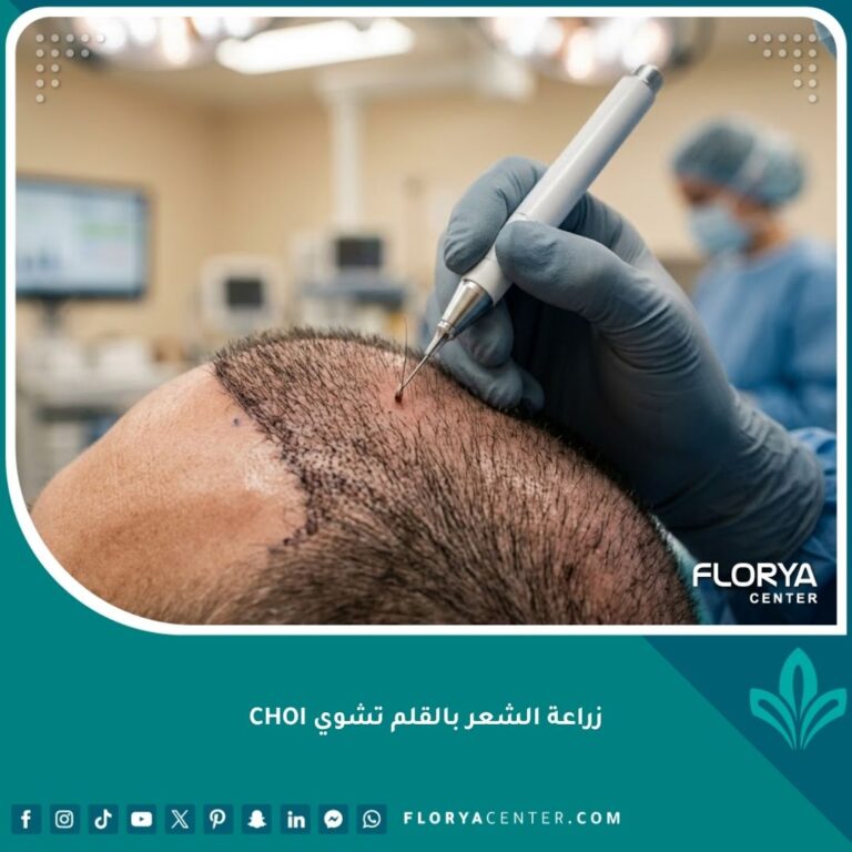 لقطة مقربة احترافية لعملية زراعة الشعر بقلم تشوي CHOI تظهر الدقة الفائقة في تحديد اتجاه الشعرة وزرعها بكثافة عالية في الخط الأمامي.