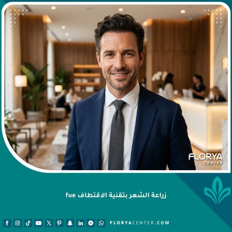 صورة سينمائية احترافية تظهر نتيجة نهائية طبيعية وجذابة لزراعة الشعر بتقنية الاقتطاف FUE لرجل واثق في عيادة حديثة.