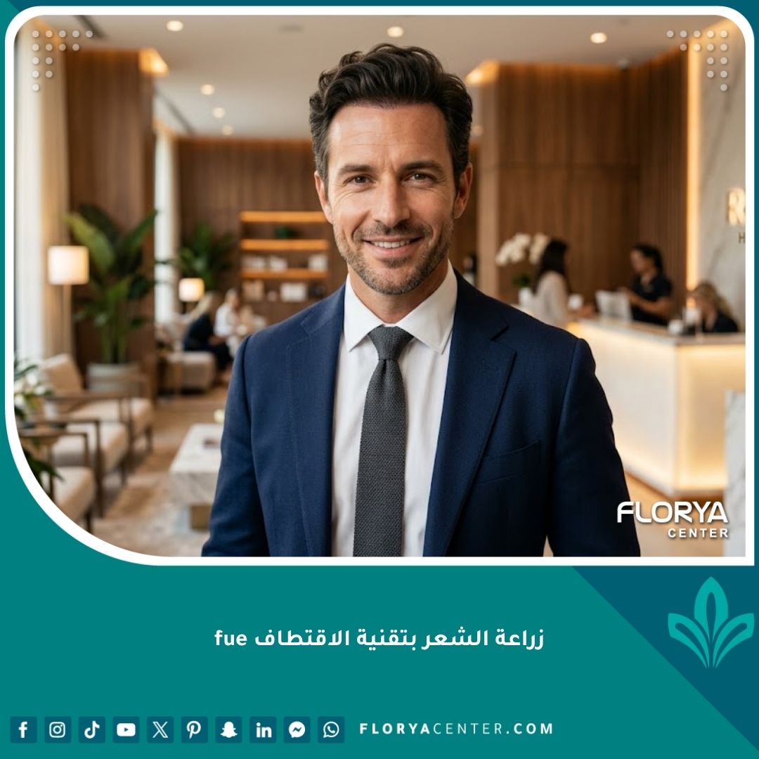 صورة سينمائية احترافية تظهر نتيجة نهائية طبيعية وجذابة لزراعة الشعر بتقنية الاقتطاف FUE لرجل واثق في عيادة حديثة.