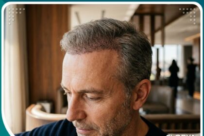 نتيجة طبيعية وكثيفة لزراعة الشعر بتقنية الاقتطاف الدقيق Nano Fue في مقدمة الرأس لرجل وسيم.