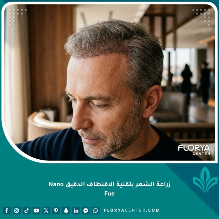 نتيجة طبيعية وكثيفة لزراعة الشعر بتقنية الاقتطاف الدقيق Nano Fue في مقدمة الرأس لرجل وسيم.