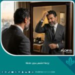 رجل أعمال واثق بمظهره بعد عملية زراعة الشعر بدون حلاقة، ينظر في المرآة بشعر طبيعي وكثيف.