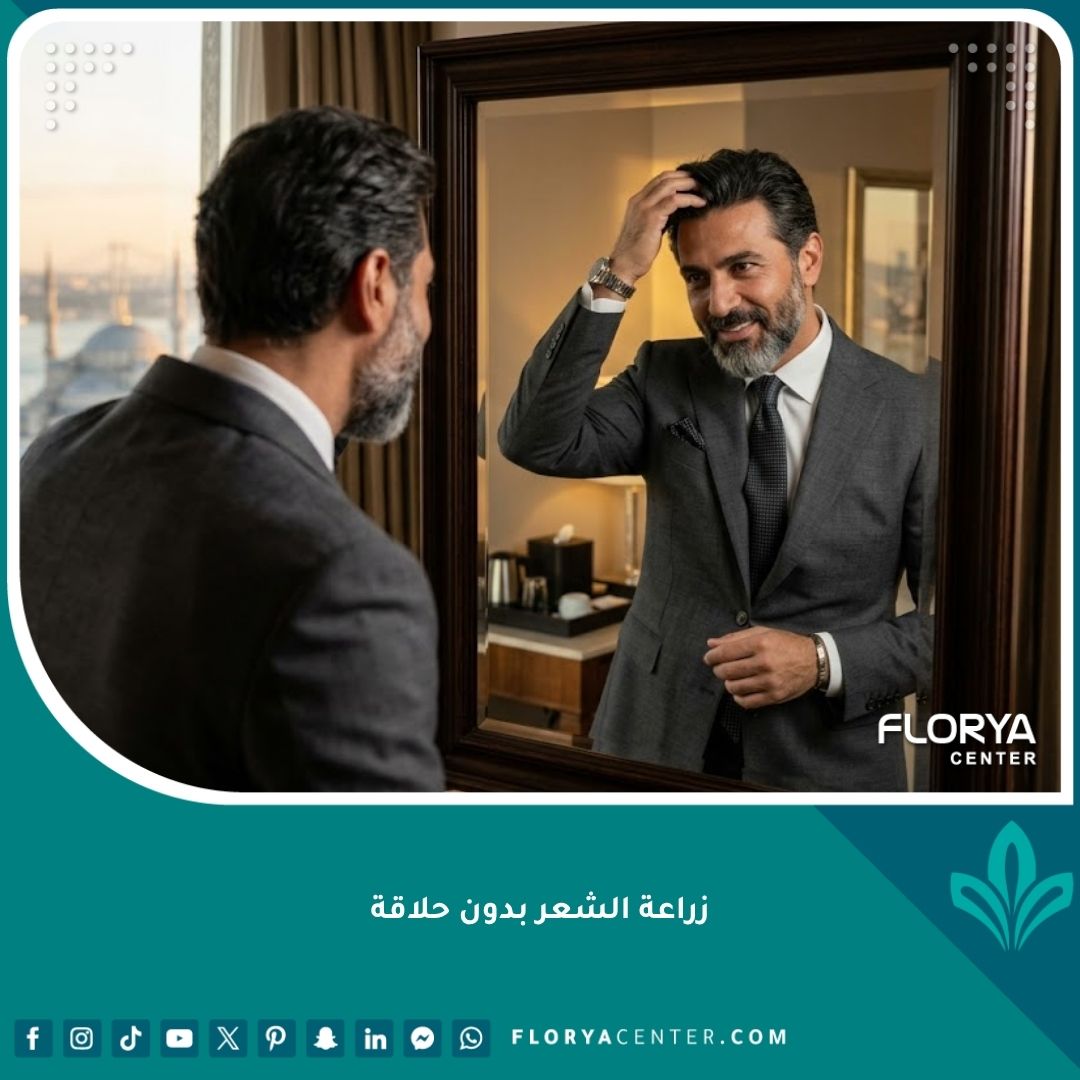 رجل أعمال واثق بمظهره بعد عملية زراعة الشعر بدون حلاقة، ينظر في المرآة بشعر طبيعي وكثيف.