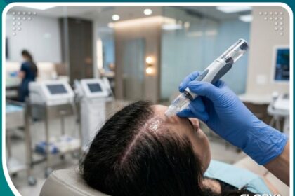 واجهة مقال حول زراعة الشعر بتقنية الخلايا الجذعية تظهر طبيبًا يحقن فروة الرأس بسائل علاجي في عيادة حديثة.