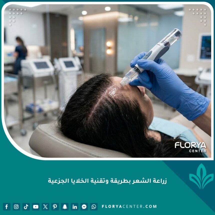 واجهة مقال حول زراعة الشعر بتقنية الخلايا الجذعية تظهر طبيبًا يحقن فروة الرأس بسائل علاجي في عيادة حديثة.