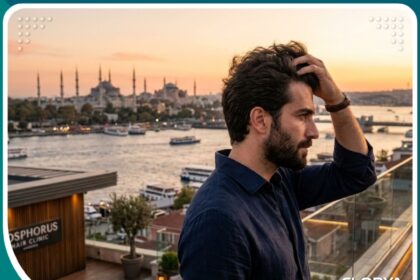 صورة بارزة جذابة لرجل واثق يمرر يده في شعره الكثيف والناعم بعد عملية زراعة شعر ناجحة في إسطنبول، ترمز إلى النتائج الطبيعية والجودة.