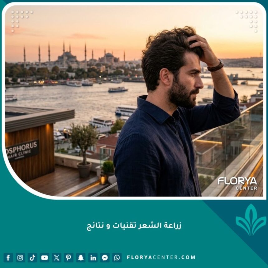 صورة بارزة جذابة لرجل واثق يمرر يده في شعره الكثيف والناعم بعد عملية زراعة شعر ناجحة في إسطنبول، ترمز إلى النتائج الطبيعية والجودة.