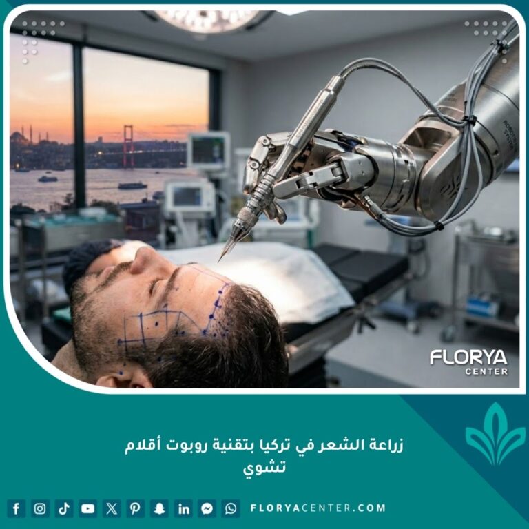 صورة سينمائية تظهر ذراعًا روبوتية متطورة تمسك بقلم تشوي لزراعة الشعر في عيادة فاخرة بتركيا مع إطلالة خلفية على البوسفور.