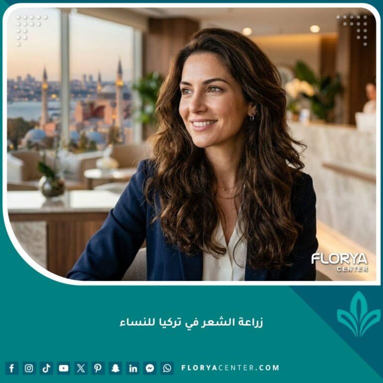 امرأة شابة واثقة تبتسم وتظهر نتائج طبيعية وكثيفة بعد عملية زراعة الشعر للنساء في تركيا، مع إطلالة خلفية على أسطنبول.