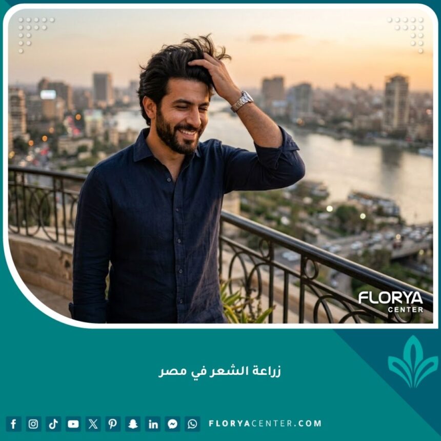 رجل واثق ذو شعر كثيف بعد عملية زراعة شعر ناجحة في مصر، مطل على النيل في القاهرة وقت الغروب.