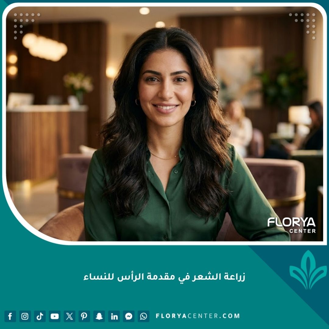 امرأة عربية ذات مظهر واثق تظهر نتيجة طبيعية وكثيفة لعملية زراعة الشعر في مقدمة الرأس للنساء، إضاءة سينمائية احترافية.