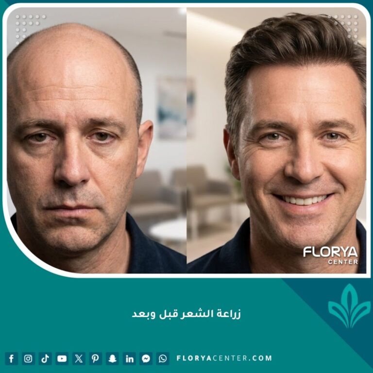 صورة سينمائية مركبة تظهر المقارنة الدرامية لزراعة الشعر قبل وبعد لرجل يعاني من الصلع الوراثي، تبرز كثافة الشعر الجديدة والابتسامة الواثقة بعد العملية بـ 6 أشهر في اسطنبول.