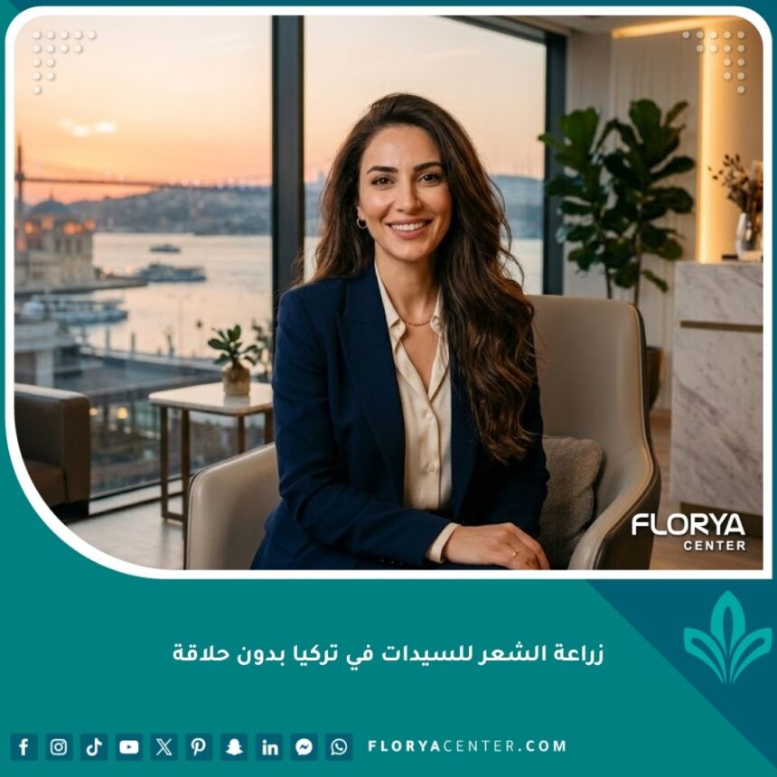 زراعة الشعر للسيدات في تركيا بدون حلاقة: سيدة عربية ذات شعر طويل جميل وابتسامة واثقة في عيادة فاخرة في اسطنبول.