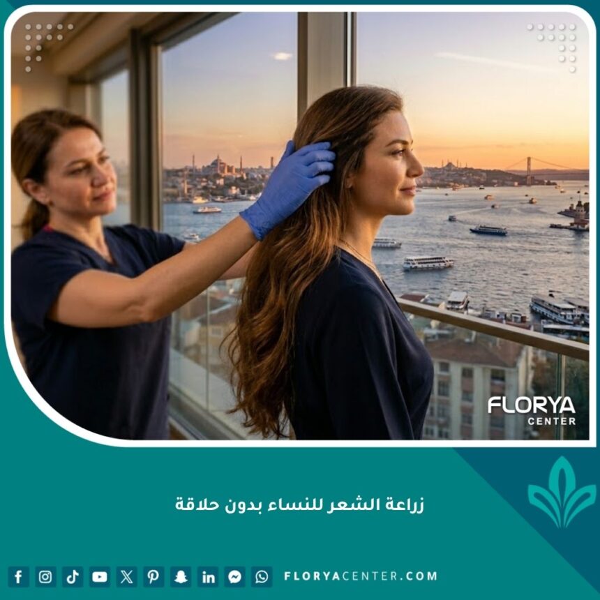 امرأة واثقة ذات شعر طويل كثيف في إسطنبول بعد عملية زراعة الشعر للنساء بدون حلاقة تماماً.