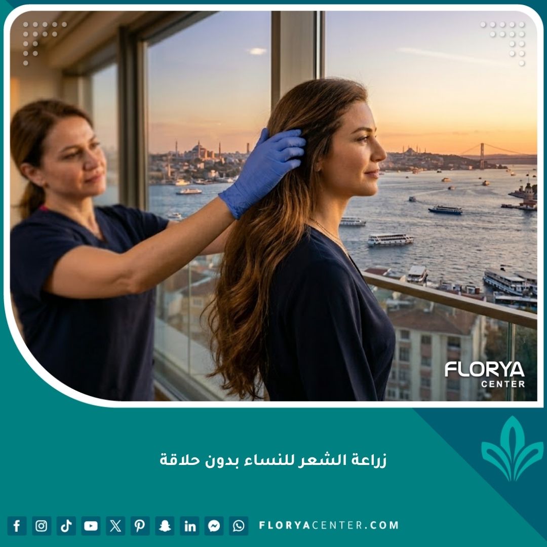 امرأة واثقة ذات شعر طويل كثيف في إسطنبول بعد عملية زراعة الشعر للنساء بدون حلاقة تماماً.