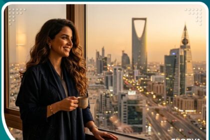 امرأة سعودية واثقة ذات شعر كثيف وصحي في الرياض بعد عملية زراعة الشعر، تطل على برج المملكة، ترمز لنجاح زراعة الشعر للنساء في الرياض.