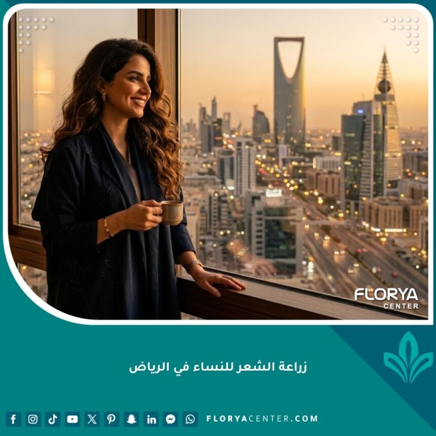 امرأة سعودية واثقة ذات شعر كثيف وصحي في الرياض بعد عملية زراعة الشعر، تطل على برج المملكة، ترمز لنجاح زراعة الشعر للنساء في الرياض.