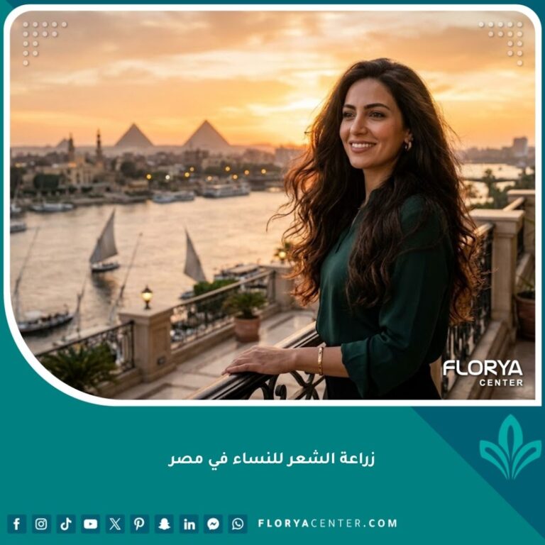 سيدة مصرية ذات شعر كثيف وصحي تقف بثقة أمام نيل القاهرة، تعبر عن نجاح عملية زراعة الشعر للنساء في مصر.