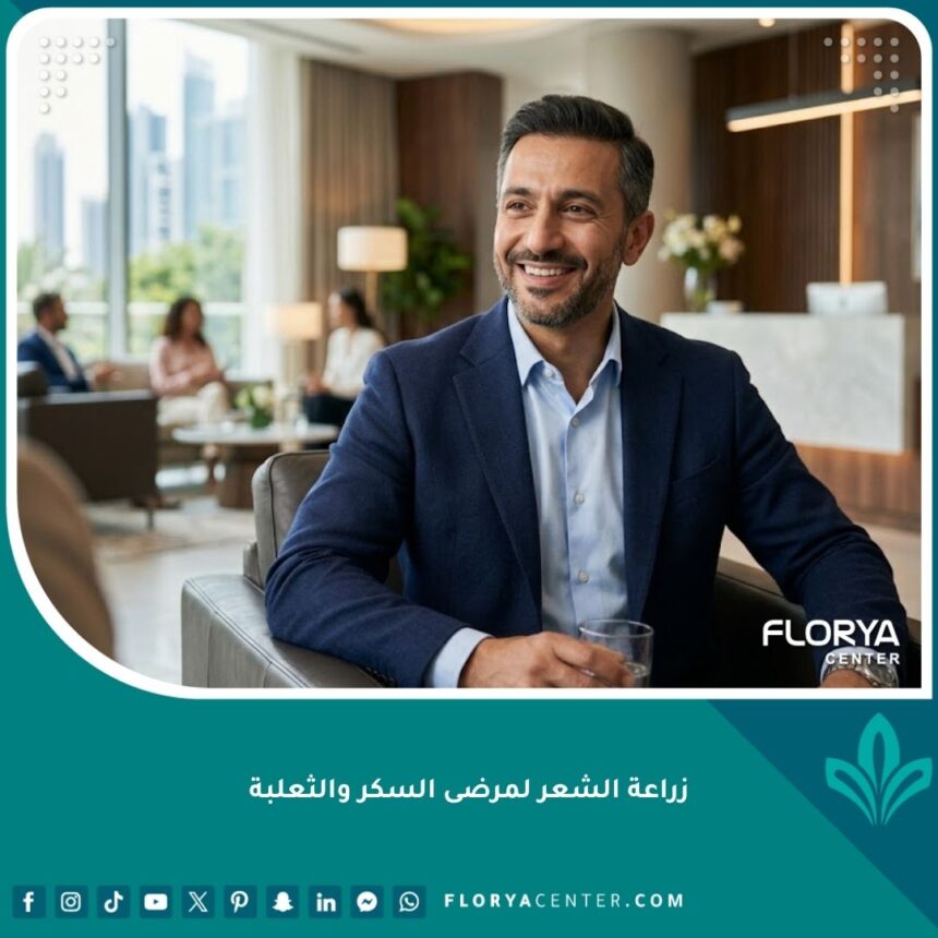 رجل مبتسم تظهر عليه نتائج ناجحة لزراعة الشعر، يعكس الأمل لمرضى السكري والثعلبة. صورة سينمائية 8k.