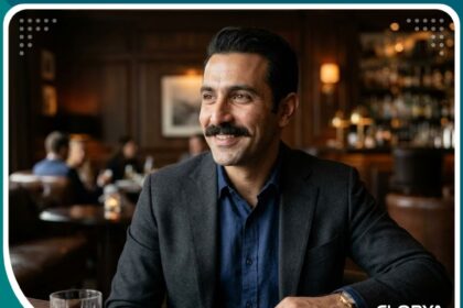 رجل وسيم ذو شنب كثيف ومرتب بعد عملية زراعة الشنب الناجحة، يظهر نتائج طبيعية وجذابة.