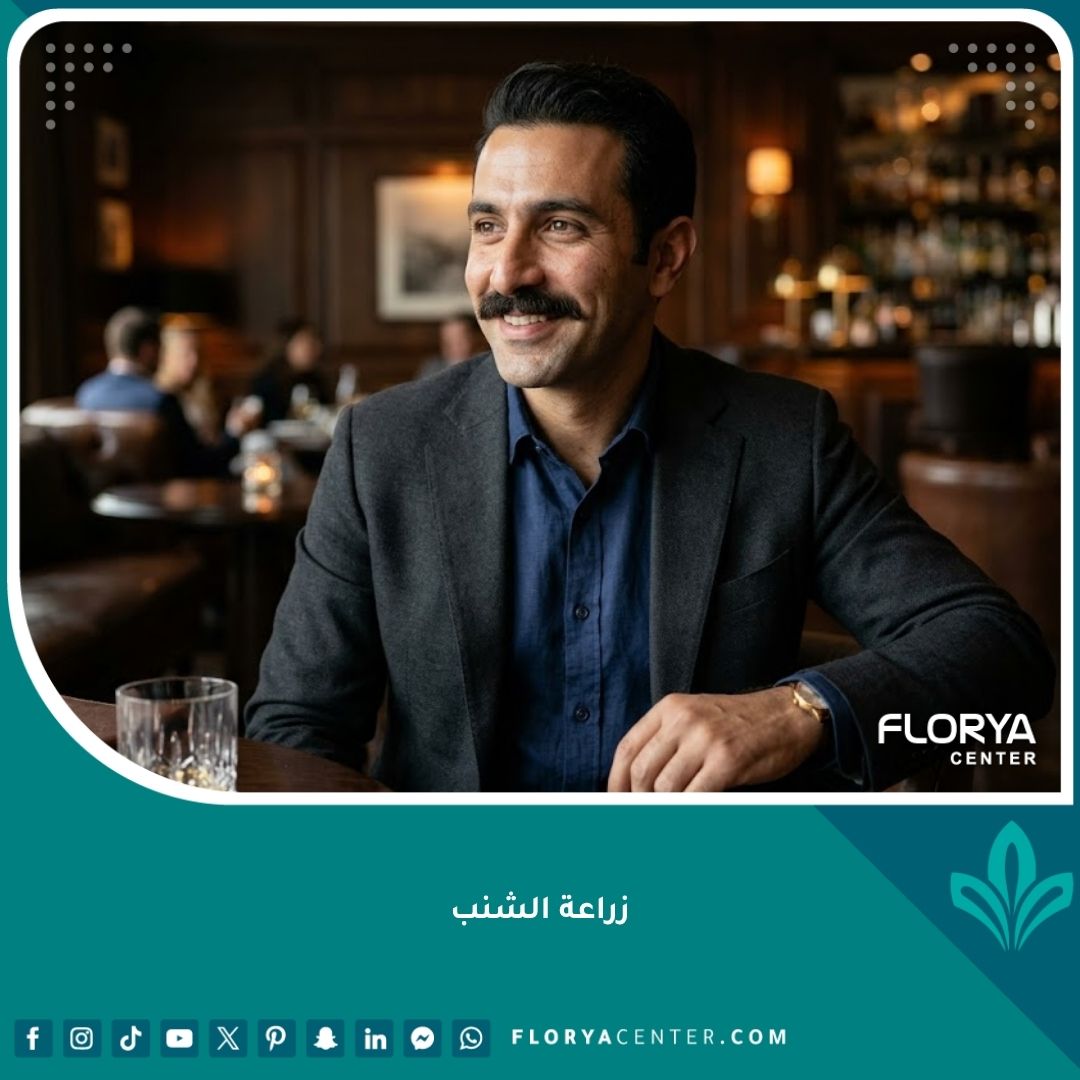 رجل وسيم ذو شنب كثيف ومرتب بعد عملية زراعة الشنب الناجحة، يظهر نتائج طبيعية وجذابة.