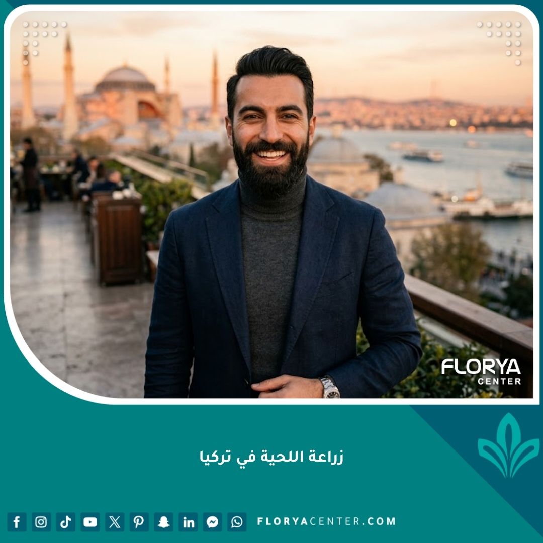 صورة مقربة لرجل وسيم بلحية كثيفة وطبيعية تمامًا بعد عملية ناجحة لزراعة اللحية في تركيا، يبتسم بثقة مع إطلالة بانورامية لغروب الشمس في اسطنبول والبوسفور وآيا صوفيا في الخلفية، تجسد الفخامة والنجاح.