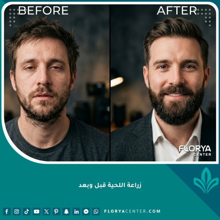 مقارنة نتائج زراعة اللحية قبل وبعد الرجل العربي، توضح كثافة الذقن الطبيعية والشكل النهائي بعد العملية.