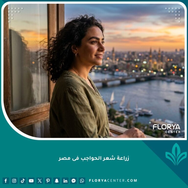 امرأة مصرية جميلة تبتسم بثقة بعد إجراء عملية زراعة شعر الحواجب الناجحة في مصر، مع إطلالة بانورامية على نهر النيل والقاهرة.