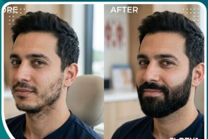صورة قبل وبعد زراعة شعر الذقن تظهر النتائج الطبيعية والكثافة الجديدة.