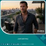 رجل واثق ذو مظهر جذاب يرتدي قميصاً مفتوحاً جزئياً يظهر نتيجة طبيعية وكثيفة لعملية زراعة شعر الصدر للرجال، مصورة بإضاءة سينمائية دافئة في مدينة عصرية.