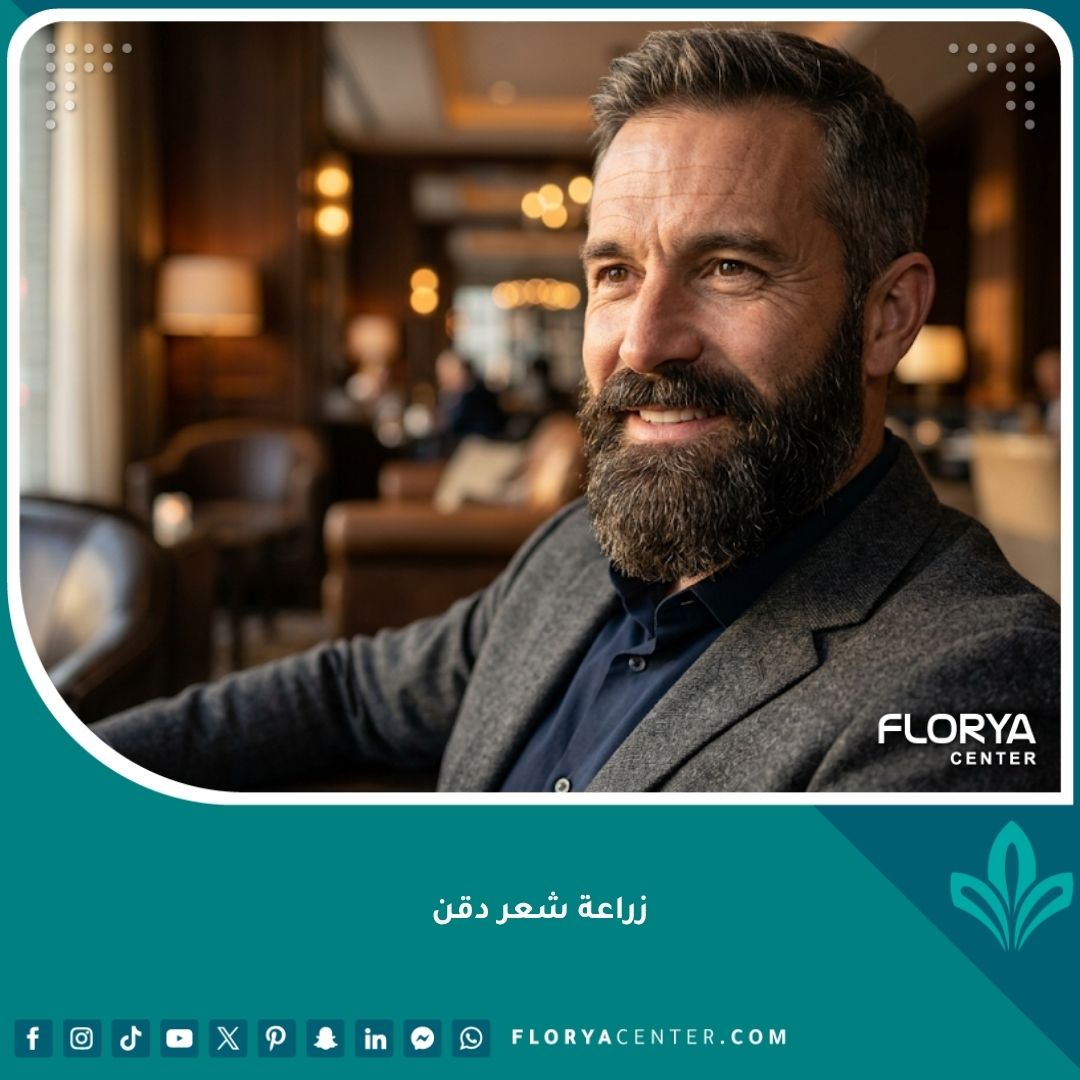 رجل واثق ذو لحية كثيفة ومحددة بشكل طبيعي بعد عملية زراعة شعر الدقن - صورة سينمائية عالية الجودة.