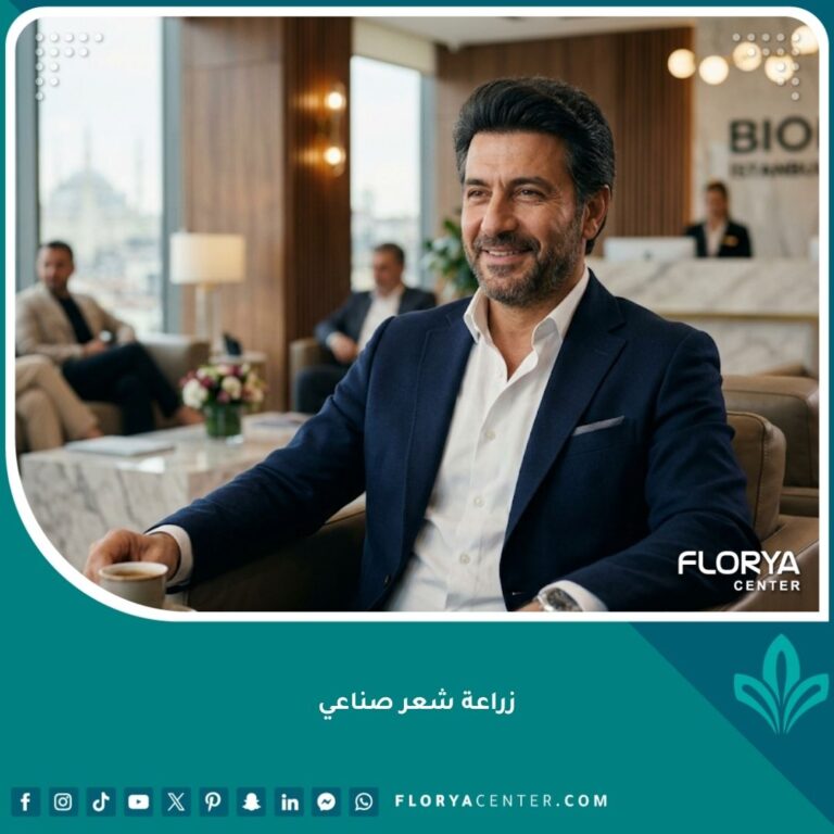 رجل عربي مبتسم وواثق يظهر نتائج طبيعية وكثيفة لعملية زراعة الشعر الصناعي (بيوفايبر) في إسطنبول.