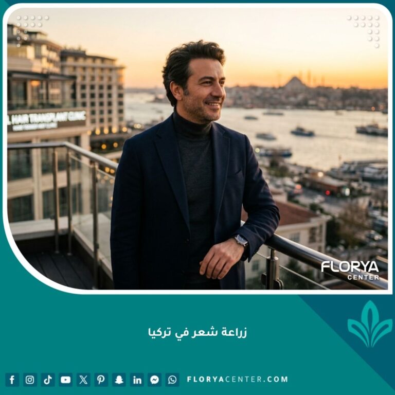 رجل واثق بنفسه يبتسم بشعر كامل وطبيعي في إسطنبول، يمثل نجاح زراعة الشعر في تركيا، مع إطلالة بانورامية على البوسفور في وقت الغروب، صورة واقعية عالية الدقة.