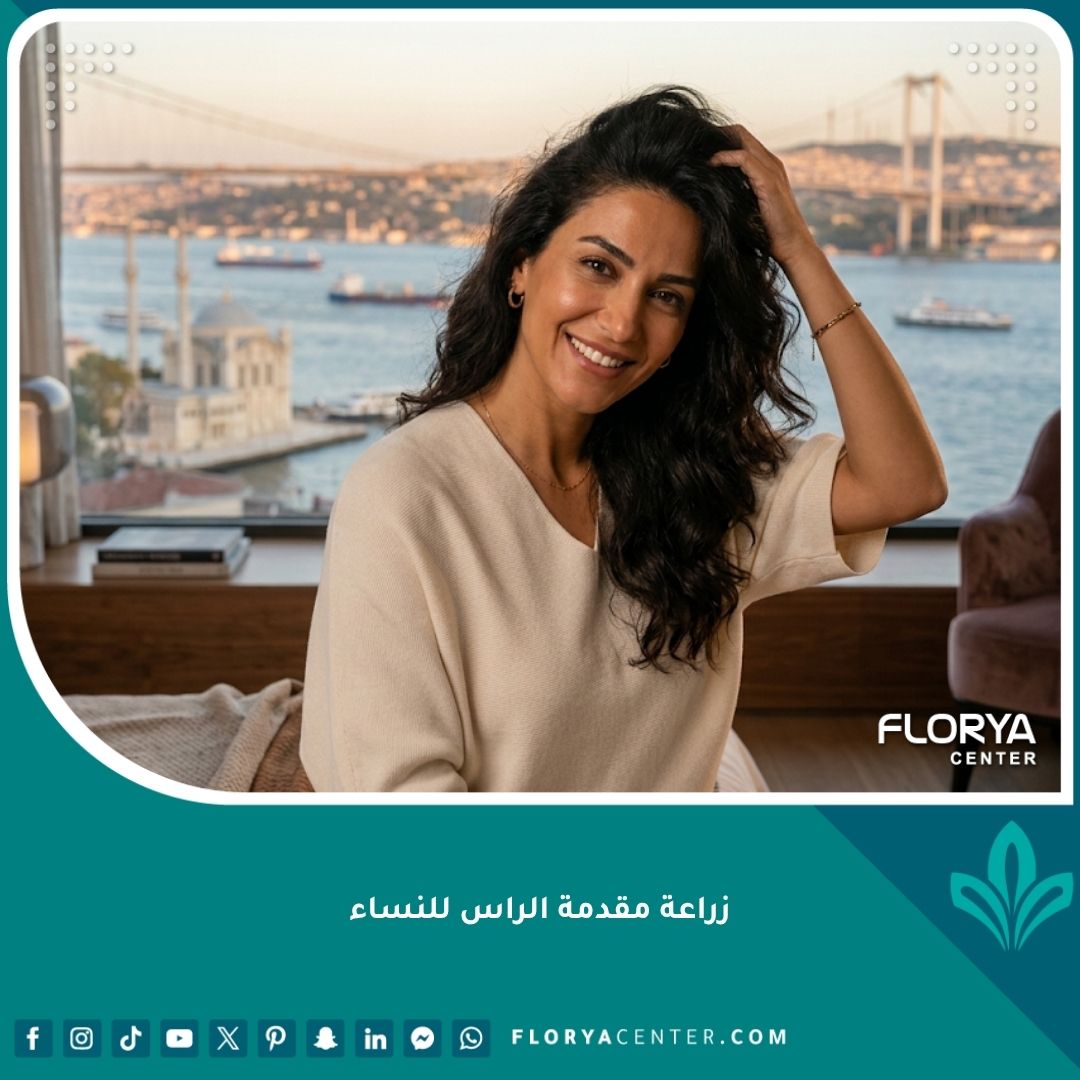 امرأة واثقة ذات شعر كثيف وطبيعي في مقدمة الرأس بعد عملية زراعة الشعر، مع خلفية لمدينة إسطنبول.