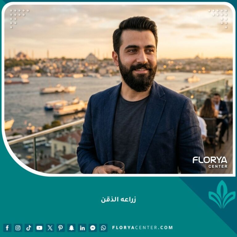 صورة بارزة تظهر النتيجة المثالية لعملية زراعة الذقن على رجل وسيم وواثق في إسطنبول.