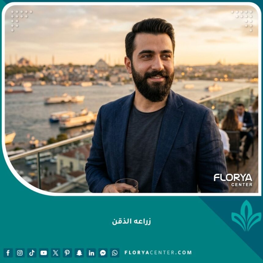 صورة بارزة تظهر النتيجة المثالية لعملية زراعة الذقن على رجل وسيم وواثق في إسطنبول.