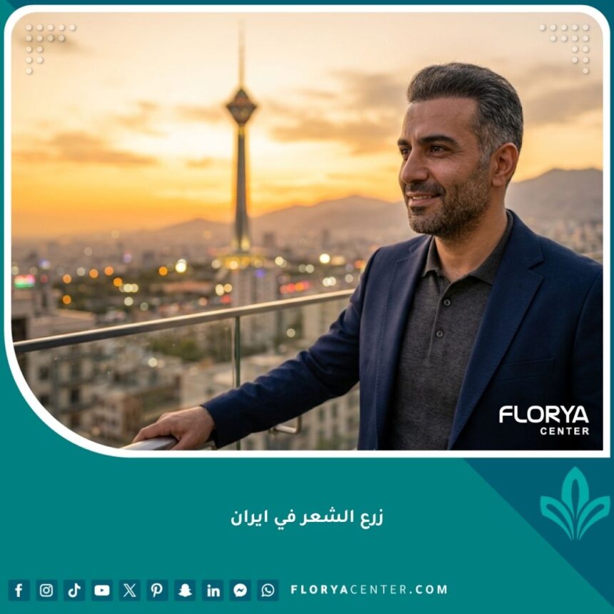 رجل واثق ذو خط شعر طبيعي بعد عملية زرع الشعر في ايران مع إطلالة على طهران.