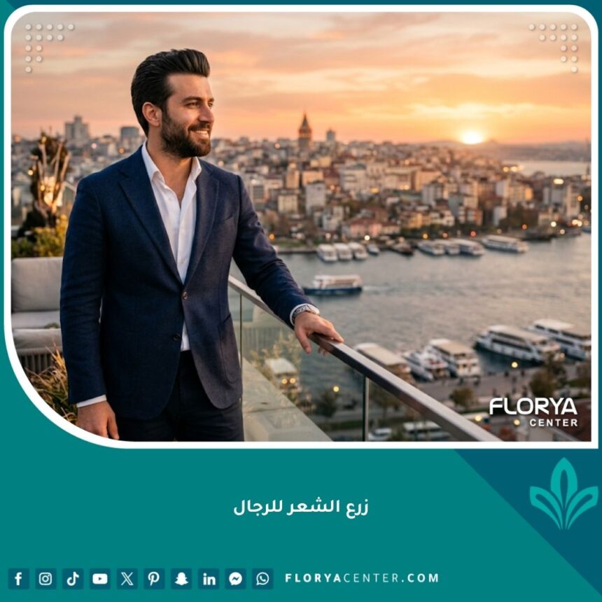 رجل واثق ذو شعر كثيف ومظهر جذاب بعد عملية زراعة الشعر للرجال في اسطنبول مع خلفية البوسفور.